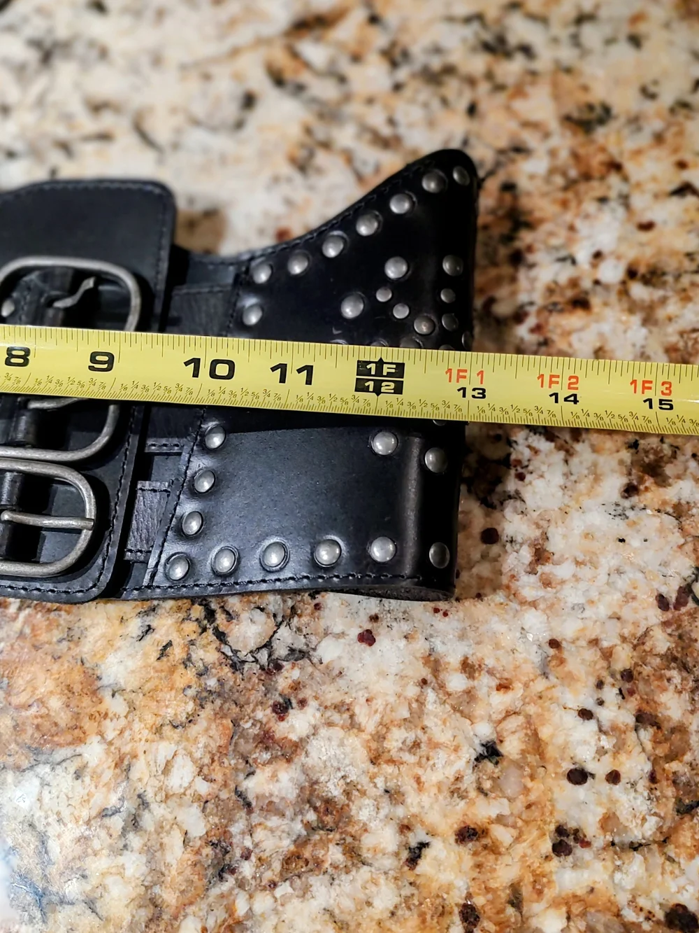 Women’s Wide Black Studded Leather Waist Belt with Triple Buckle